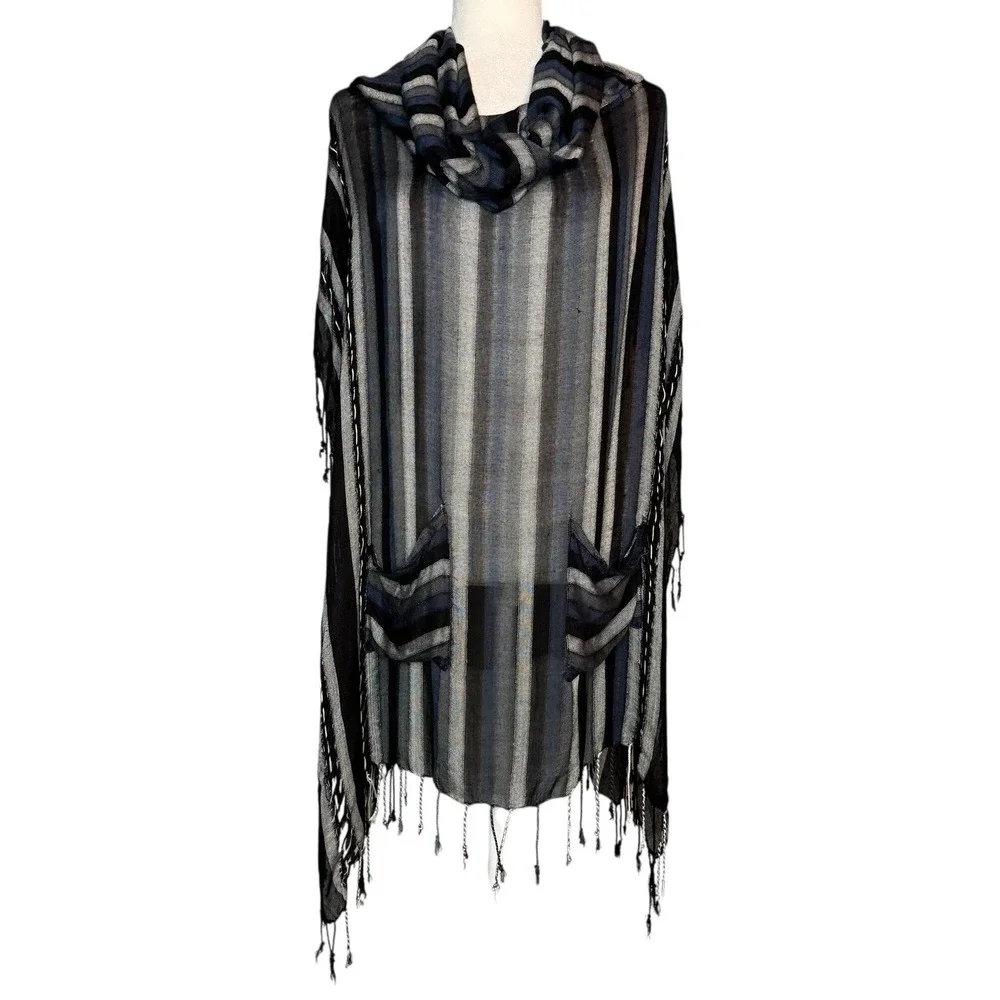 Free People One Size Cowl Neck Western Fringe‎ Boho Poncho Distressed Tattered
